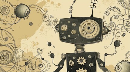 Abstract image of a robot on white, mechanical assistant, retro, vintage, gears, antennas, automation, simplicity, creativity. No face, optics and cogwheel in the form of eyes. Generative by AI