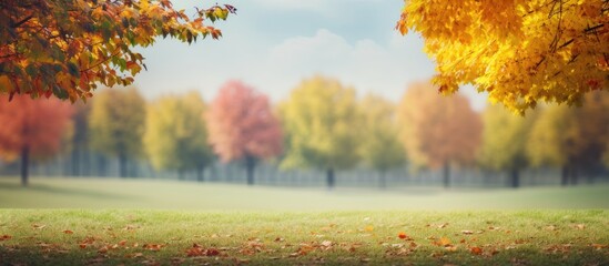 Naklejka na ściany i meble Autumn park with foggy field and blue sky