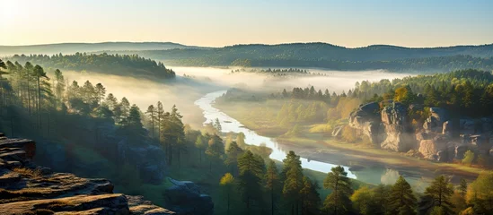 Schilderijen op glas River flowing through a valley amid trees © vxnaghiyev