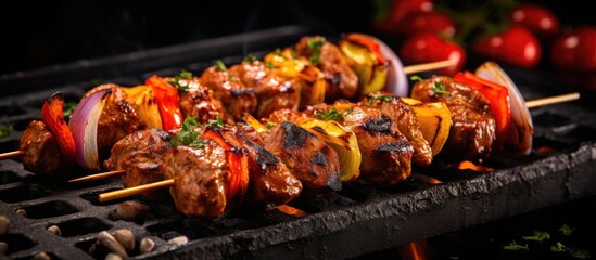 Close-up of grilled meat and vegetables on a grill