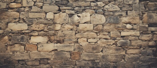 A close up of a stone wall with a small window - obrazy, fototapety, plakaty