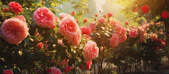 Pink roses blooming in sunny garden