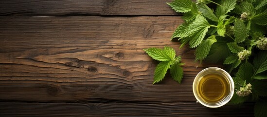 A cup of nettle tea next to a plant on a wooden table - obrazy, fototapety, plakaty