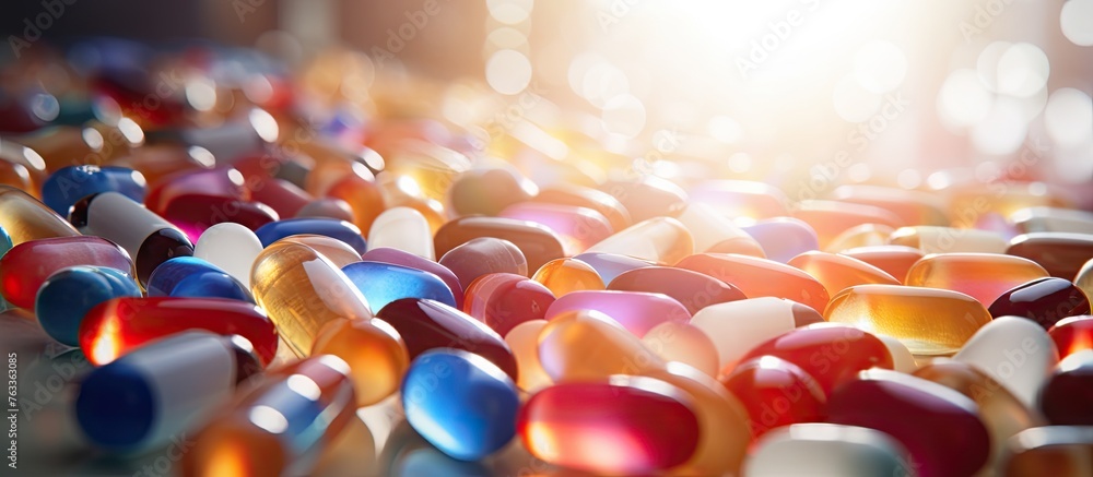 Poster various pills and capsules in a close-up view on a surface