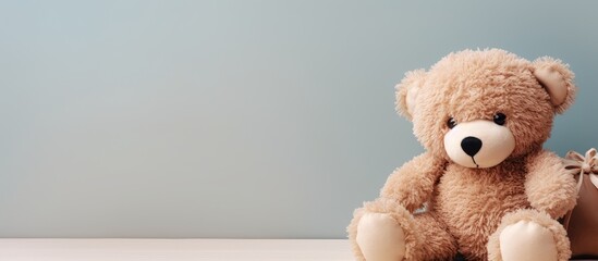 A teddy bear and bag on a table beside a person with a cute stuffed animal - obrazy, fototapety, plakaty