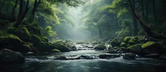 A tranquil river flowing through a dense forest