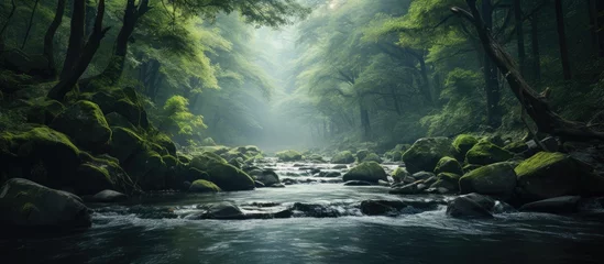 Fotobehang A tranquil river flowing through a dense forest © vxnaghiyev