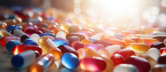 Various pills and capsules in a close-up view on a surface - obrazy, fototapety, plakaty