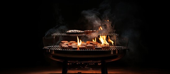 Food grilling on a barbecue with flaming coals lit by candlelight - obrazy, fototapety, plakaty