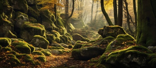 Autumn forest with mossy rocks and old trees - obrazy, fototapety, plakaty
