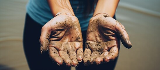 A person displaying dirty hands covered in soil