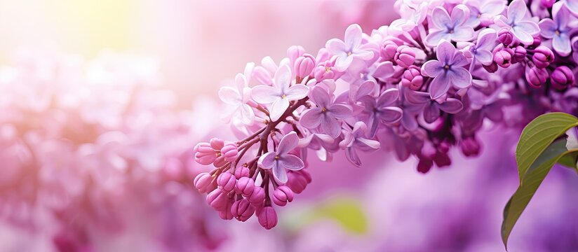 Purple lilac flowers blooming on a sunlit branch