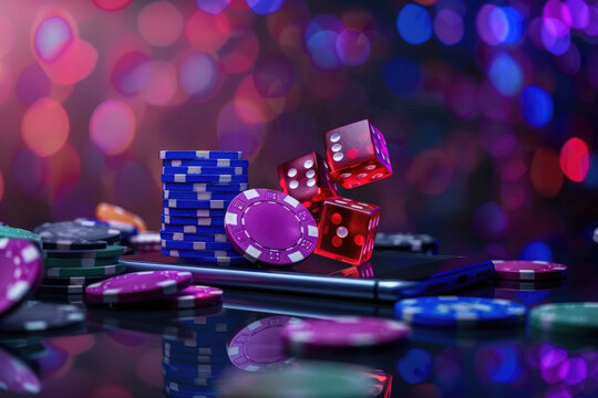 dice and casino chips flying onto the phone, playing online, winning, background with colored bokeh