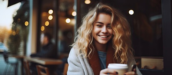 A woman enjoying coffee while taking a selfie outside a cafe - obrazy, fototapety, plakaty
