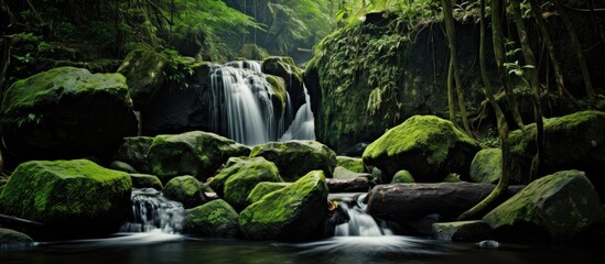 Waterfall in lush jungle with mossy rocks and trees - Powered by Adobe