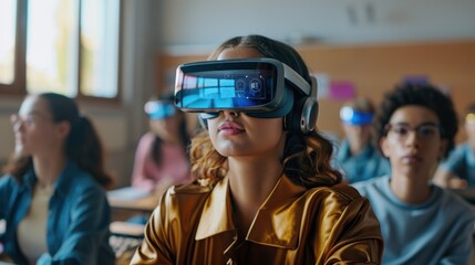 A young student is engaged in an interactive learning experience using a virtual reality headset in a classroom setting