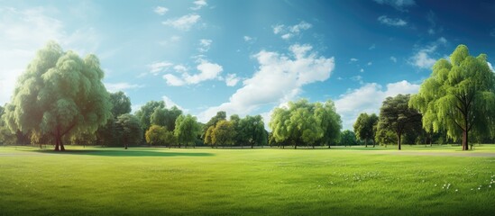 Obraz premium Beautiful sunny green park with trees under a blue sky