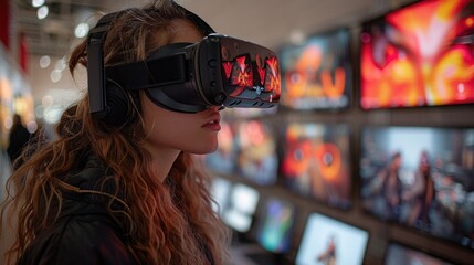 A young woman is immersed in a virtual reality experience, surrounded by electronic displays in a modern store setting