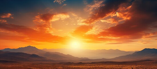 Sunset desert landscape with mountain silhouette and dramatic sky - Powered by Adobe