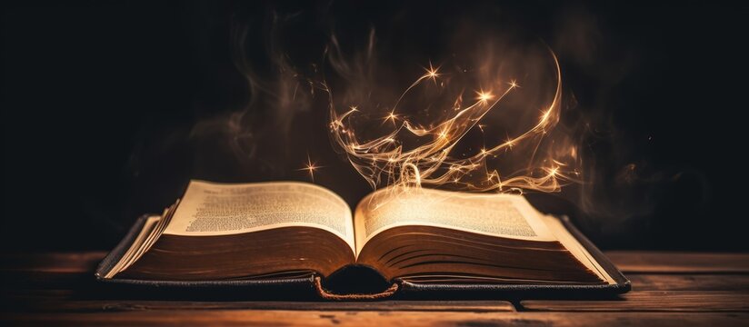 A glowing book surrounded by magic lightning on a wooden table