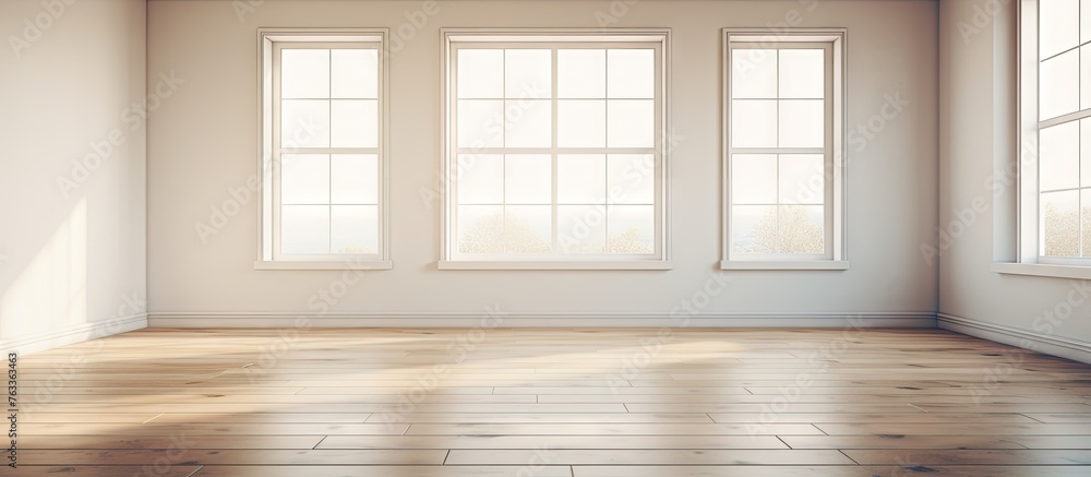 Poster an empty room with wooden flooring and three windows