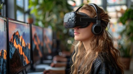 A developer intensely testing a VR game at a tech event, surrounded by high-definition monitors and peers