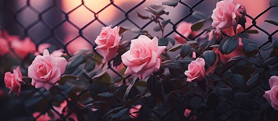 Pink roses blooming through a metal fence at sunset