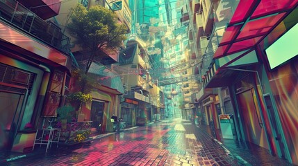 Image of a surreal street, town, high rise buildings, shops, counters, paving stones, wires, urban ecosystem, comfort, futurism, colorful colors, reflection, city of the future. Generative by AI