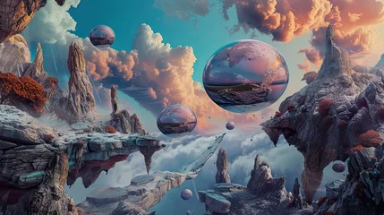 Foto op Canvas Abstract illustration of another world, bubbles, fairy tale reality with floating islands floating on the clouds. Space, clouds, parallel universe, alien civilization concept. Generative by AI © Татьяна Лобачова