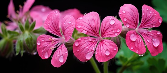 Close up of a pink blossom covered in water droplets