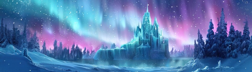 A majestic ice castle stands under the vibrant Northern Lights in a stunning arctic night scene. - obrazy, fototapety, plakaty