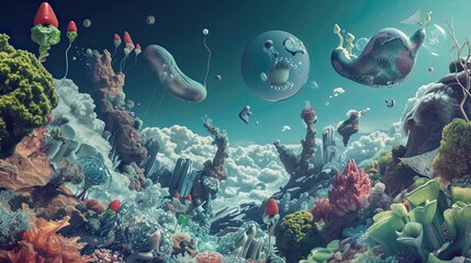 Abstract illustration of another world, bubbles, fairy tale reality with floating islands floating on the clouds. Space, clouds, parallel universe, alien civilization concept. Generative by AI - obrazy, fototapety, plakaty