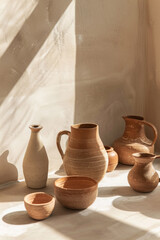 Fototapeta na wymiar Aesthetic composition of craft hand-made clay products such as vases, jugs, cups in assortments under the sunny rays.