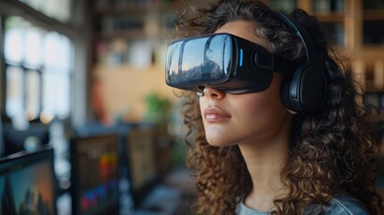 An image showcasing a woman using a VR headset, seemingly lost in the digital world it presents