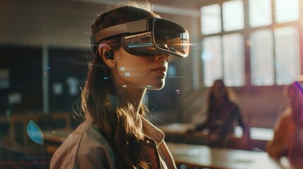 Side view of a young woman experiencing VR technology in a collaborative, well-lit workspace environment