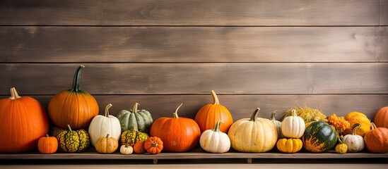 Various pumpkins displayed on a wooden shelf