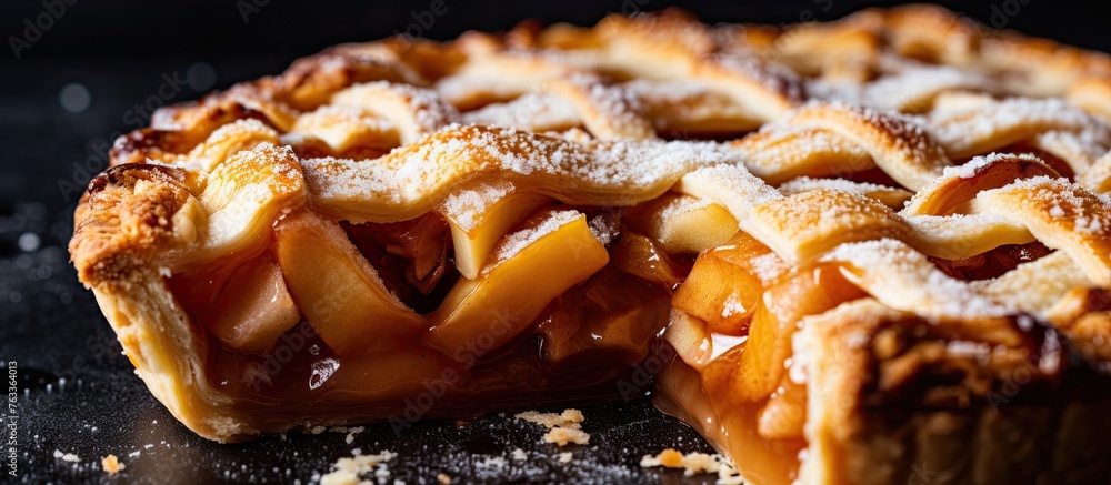 Poster a pie missing a slice with a close-up of lattice and crust
