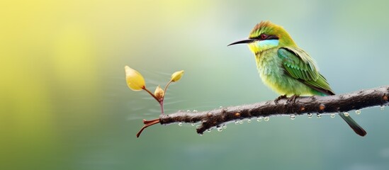 Bird perched on branch with water droplets - obrazy, fototapety, plakaty