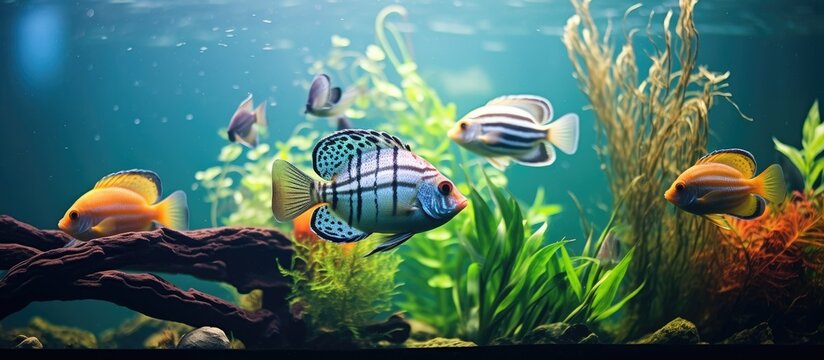 Tropical fish swimming among plants and rocks in an aquarium