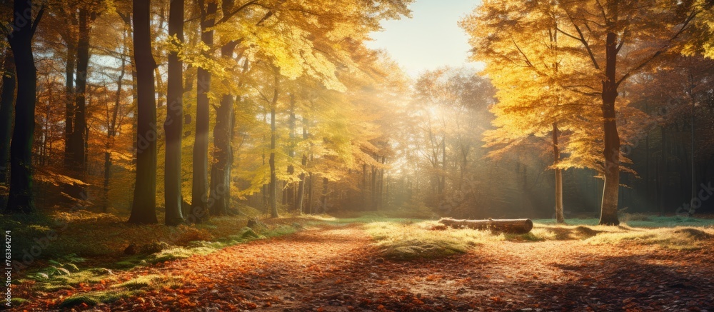 Poster Sunlight filtering through trees with fallen leaves in a forest