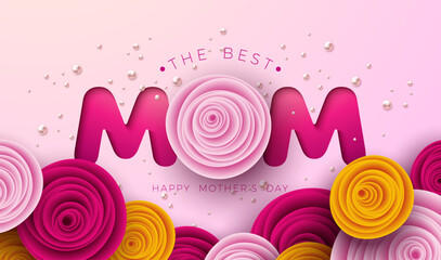 Happy Mothers Day Greeting Card Design with Colorful Rose Flower on Pink Background. Vector Best Mom Celebration Design with Typography Lettering for Postcard, Banner, Flyer, Invitation, Brochure, Pos