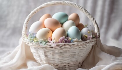 Easter eggs of pastel colors in a white wicker basket on a white fabric chiffon background. Easter banner. Happy Easter!