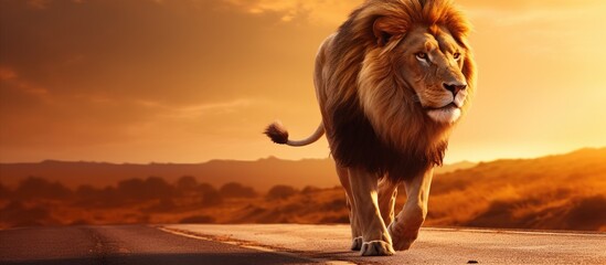 A male lion strolling along a road as the sun sets