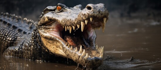 A crocodile baring teeth in murky water and open jaws in Sundarbans