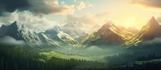 Foto op Canvas Majestic mountain range with cloudy sky over a valley © vxnaghiyev