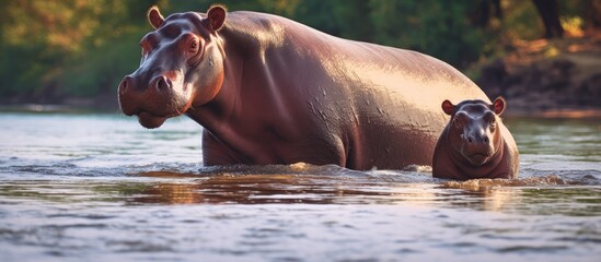 Two hippos standing in water