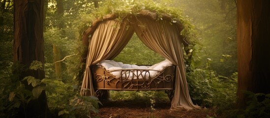 A cozy cot hanging in the midst of lush trees
