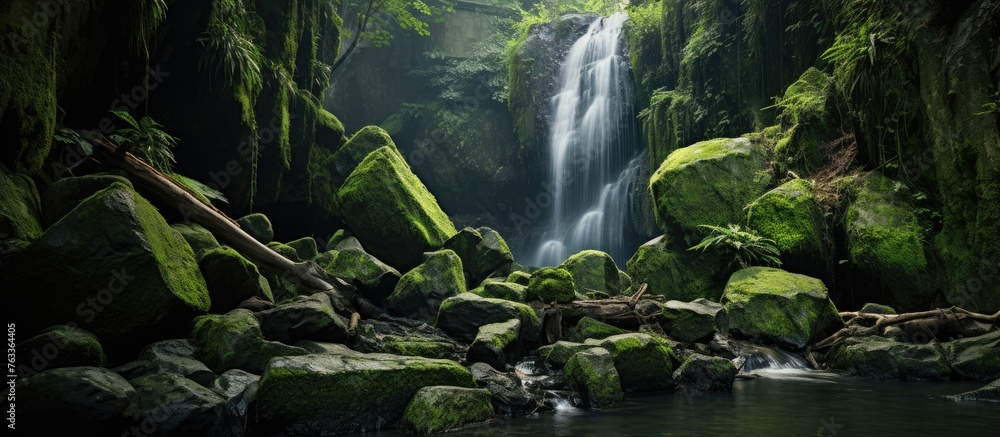 Poster Waterfall streaming through forest with rocks and trees