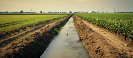 Cornfield and water trench with blurred agricultural background - obrazy, fototapety, plakaty