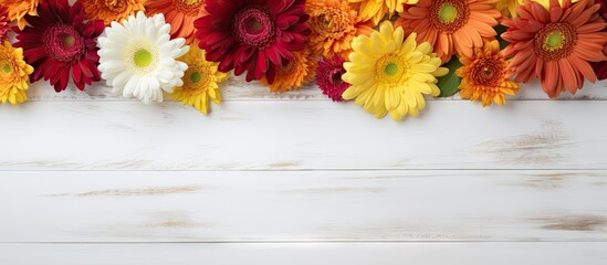 Autumn flowers on white wood table with white background